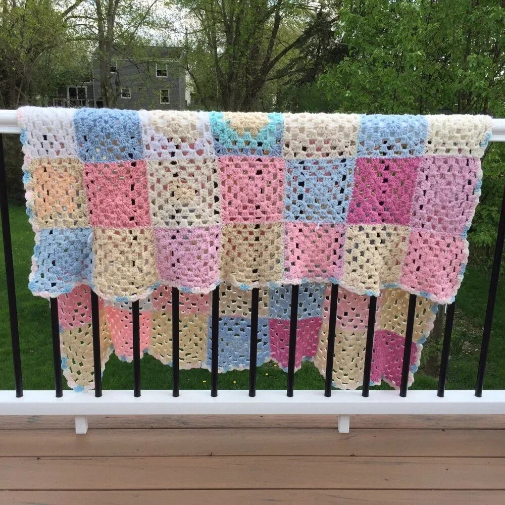 Crochet Knit Afghan Throw Blanket Granny Square Pastels Baby Pink Blue Sofa Cozy